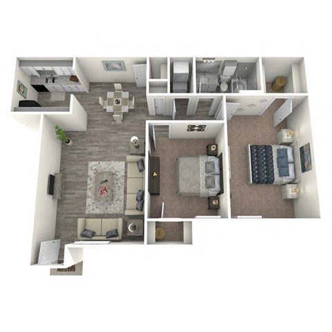 a stylized floor plan with a bedroom and a living room